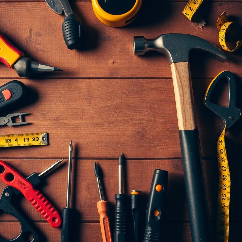 Handyman tools laid out on a workbench