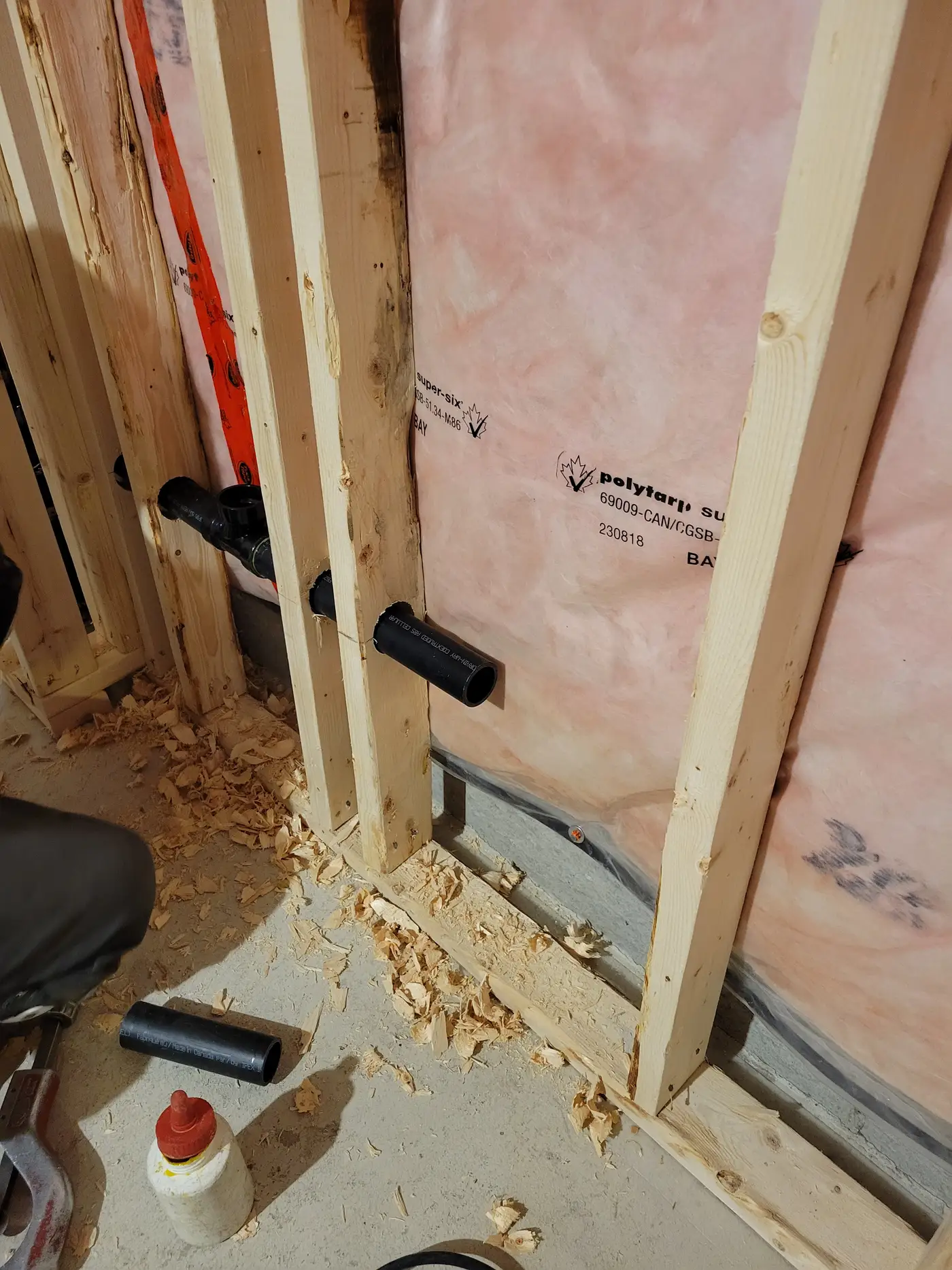 ABS vent pipe stub rising through a drilled stud against insulation in the East Gwillimbury laundry rough-in